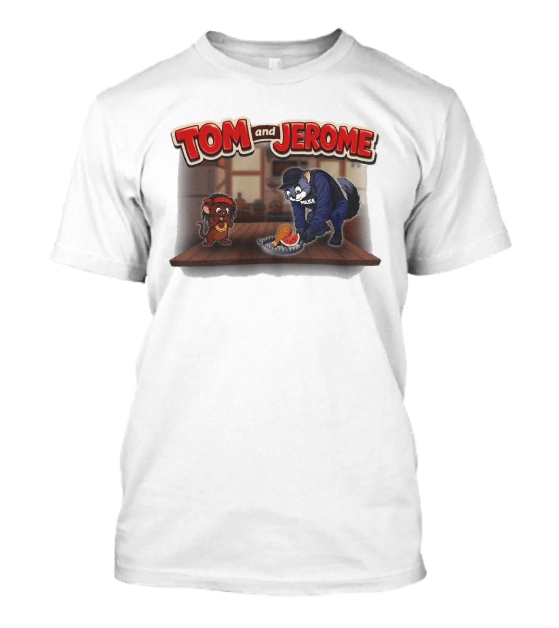 Tom And Jerome Police Cat Serving Chicken And Watermelon T-Shirt