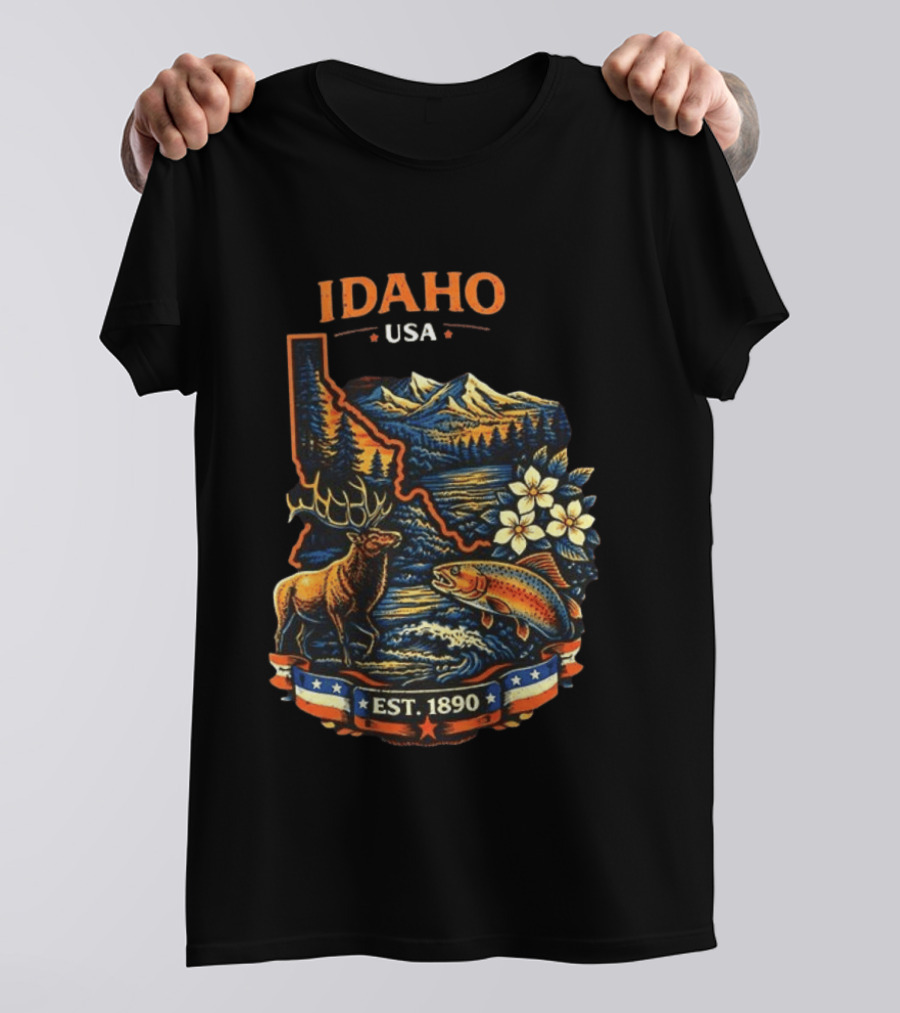 Idaho USA Est 1890 Wilderness Elk Trout Mountains T-Shirt