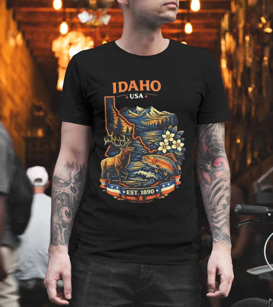 Idaho USA Est 1890 Wilderness Elk Trout Mountains T-Shirt