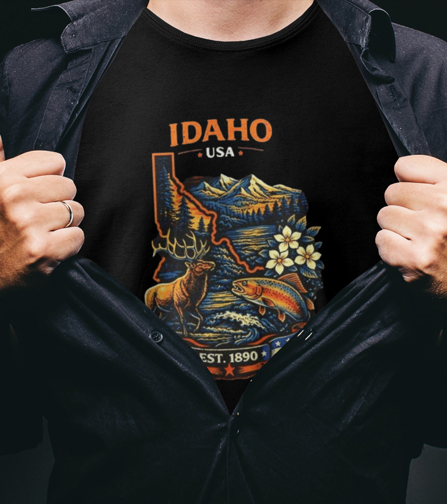 Idaho USA Est 1890 Wilderness Elk Trout Mountains T-Shirt