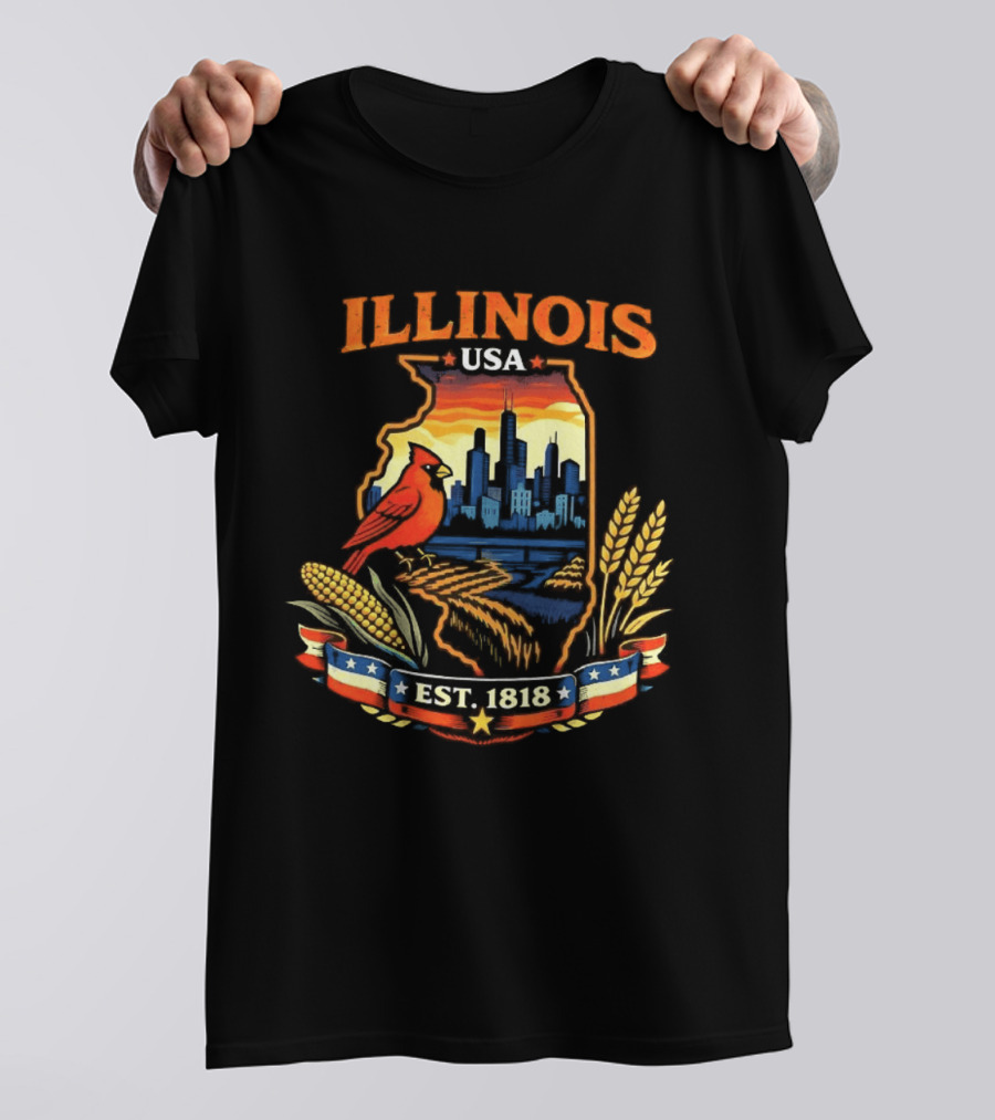 Illinois USA 1818 Cardinal Skyline Corn Wheat T-Shirt
