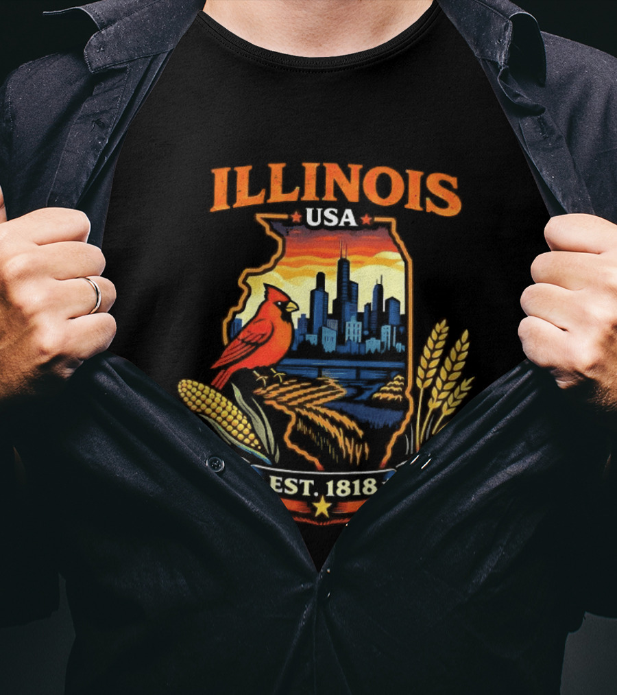 Illinois USA 1818 Cardinal Skyline Corn Wheat T-Shirt