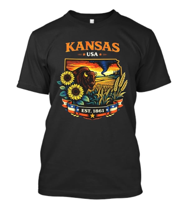 Kansas USA Buffalo Sunflowers Wheat Tornado Est 1861 T-Shirt