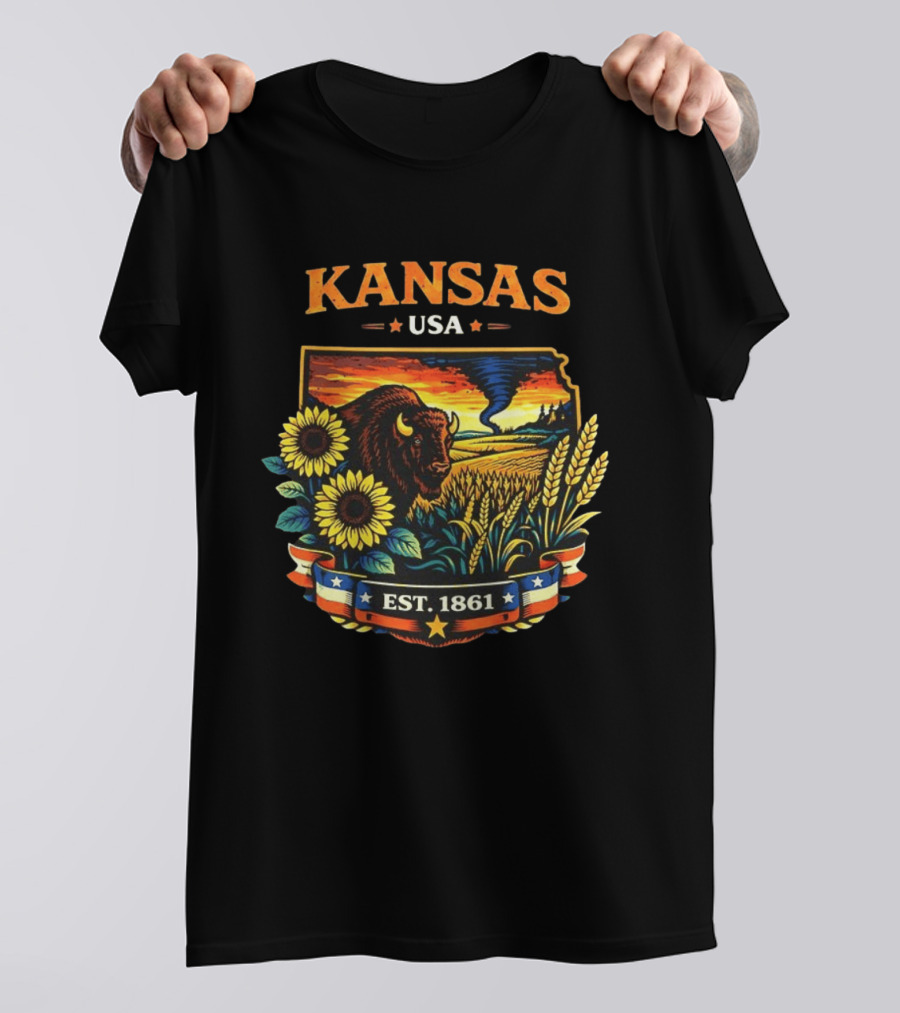 Kansas USA Buffalo Sunflowers Wheat Tornado Est 1861 T-Shirt
