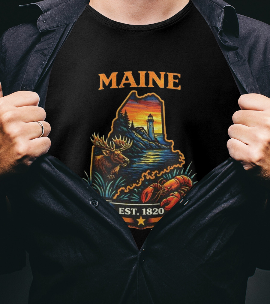 Maine Sunset Est 1820 Lighthouse Moose Lobster USA Landscape T-Shirt