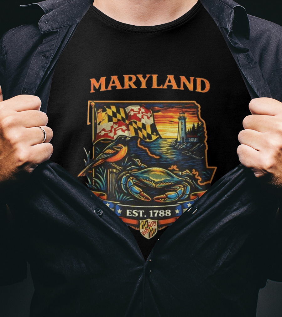 Maryland Est 1788 Crab Lighthouse Scene With Flag And Bird T-Shirt