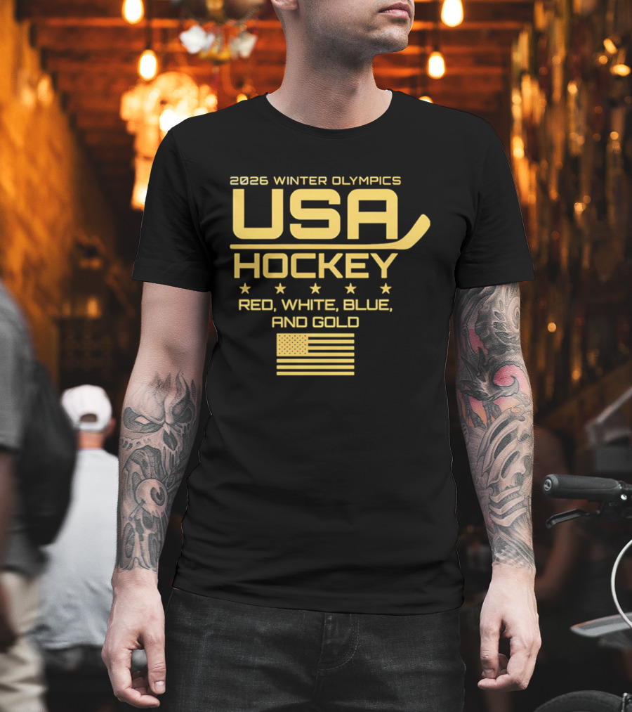 USA Hockey 2026 Winter Olympics Red White Blue Gold Flag T-Shirt