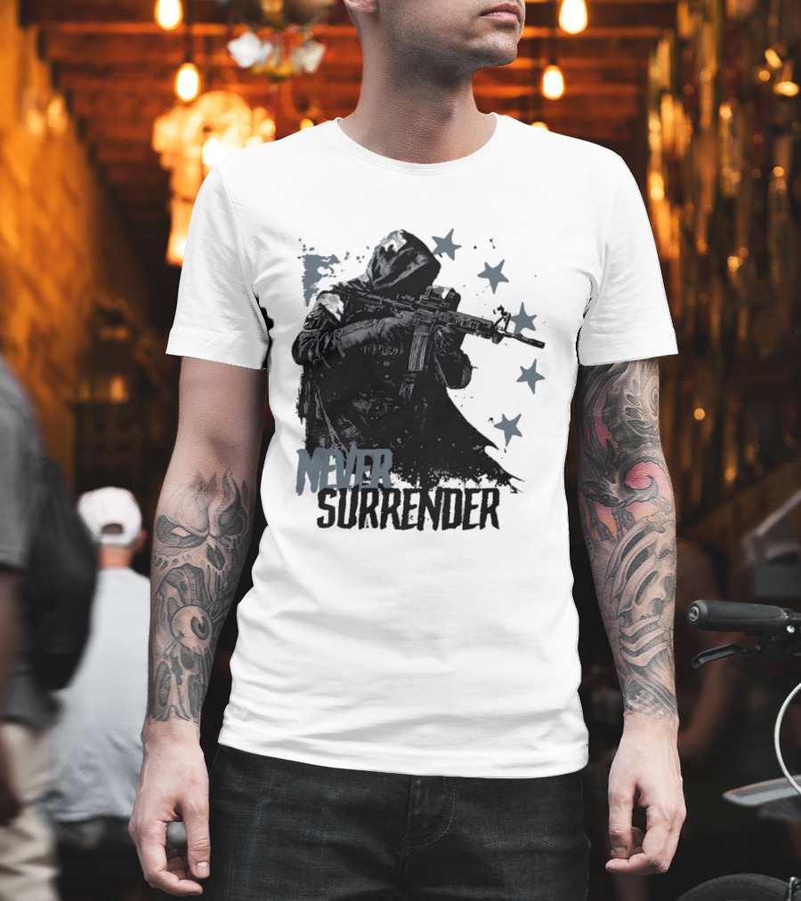 Never Surrender Reaper With Hooded Figure And Rifle T-Shirt
