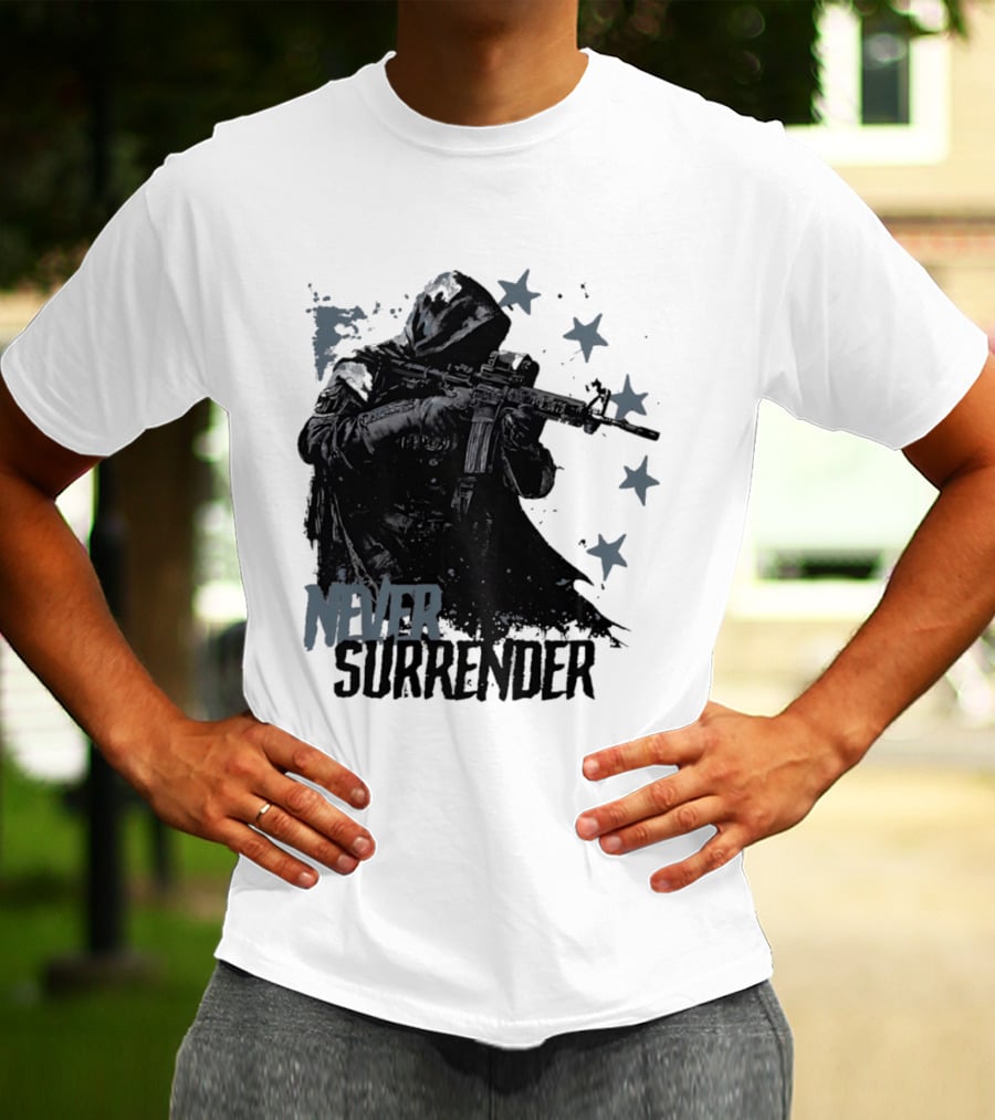 Never Surrender Reaper With Hooded Figure And Rifle T-Shirt