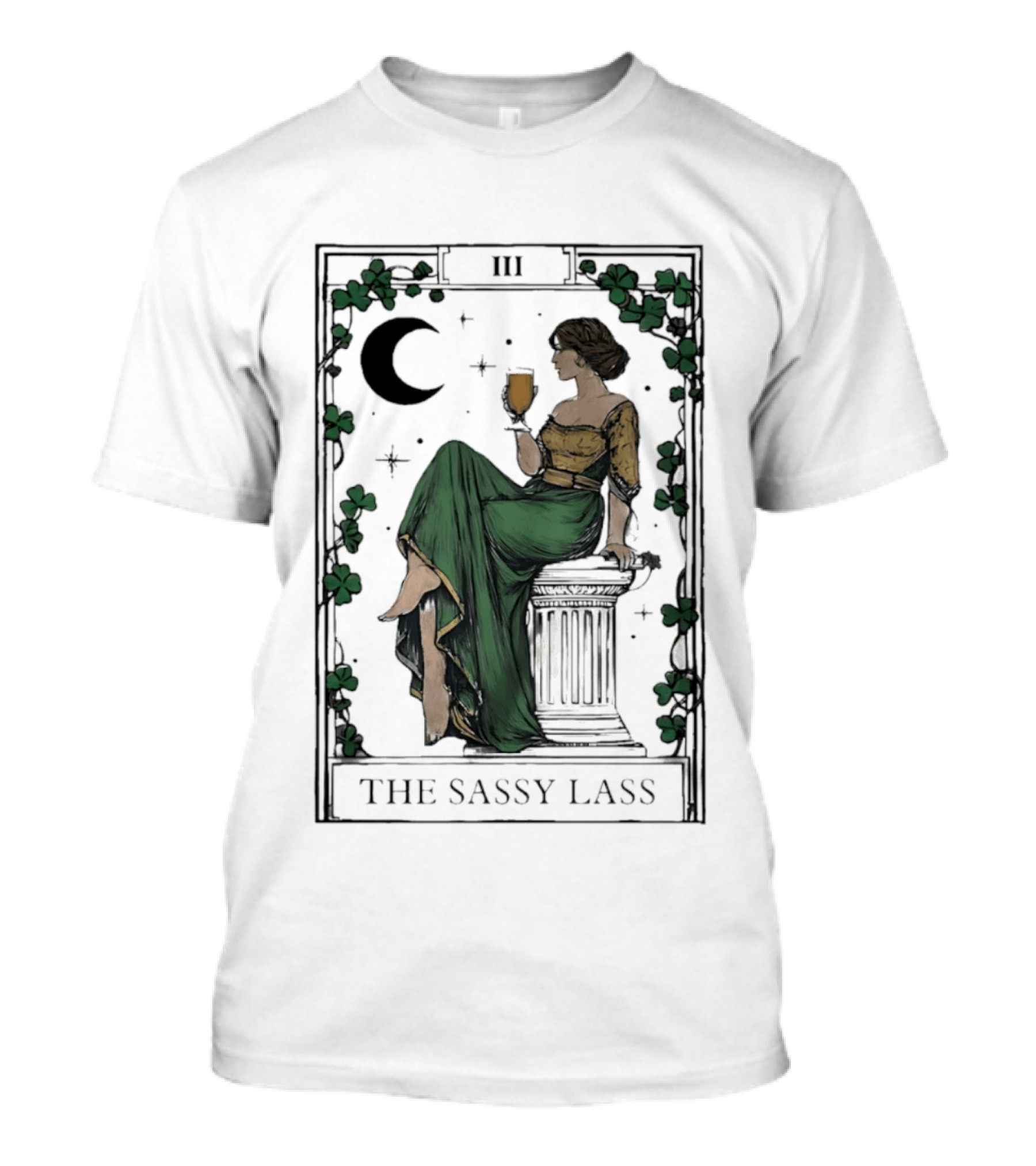St Patrick's Day The Sassy Lass Tarot Card III Moon Clover T-Shirt