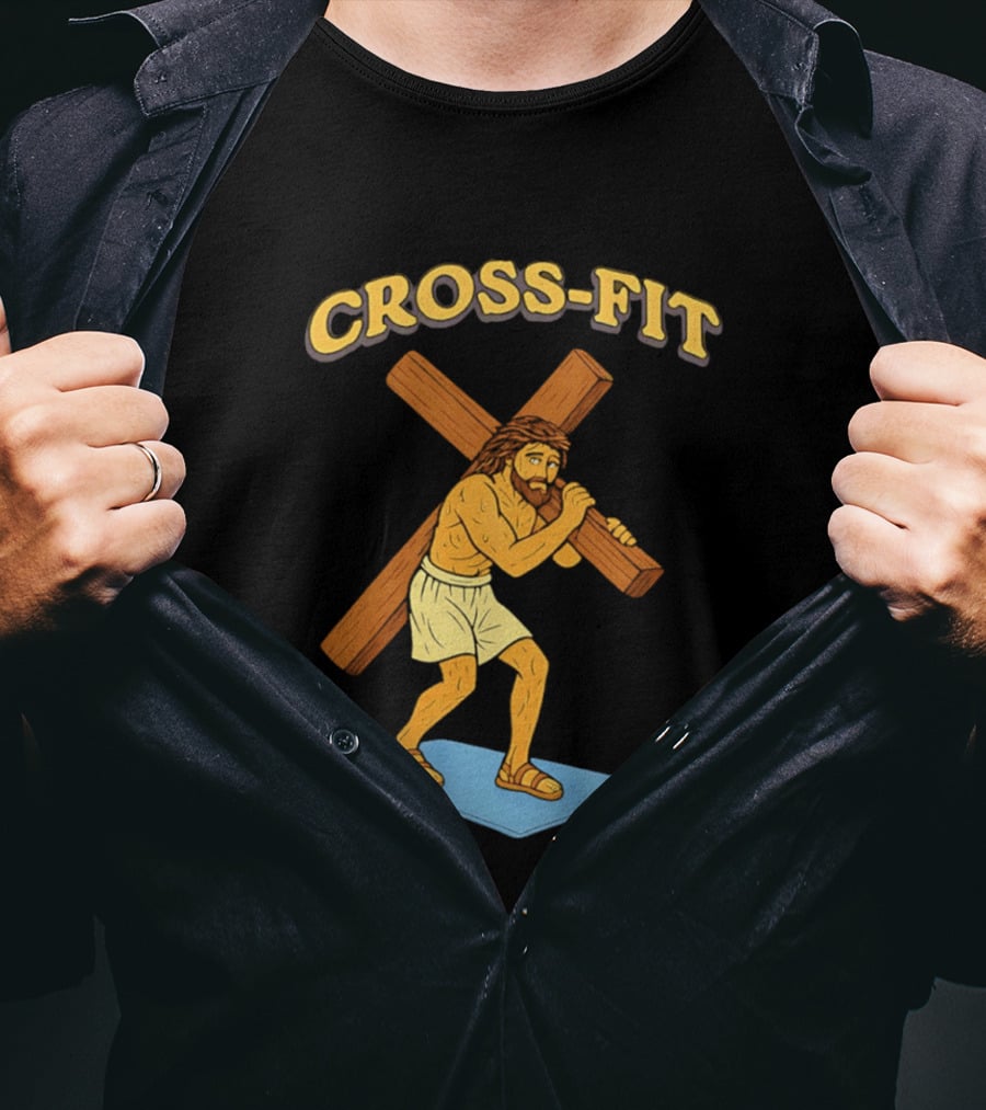 Cross Fit Jesus Cartoon Carrying Cross T-Shirt