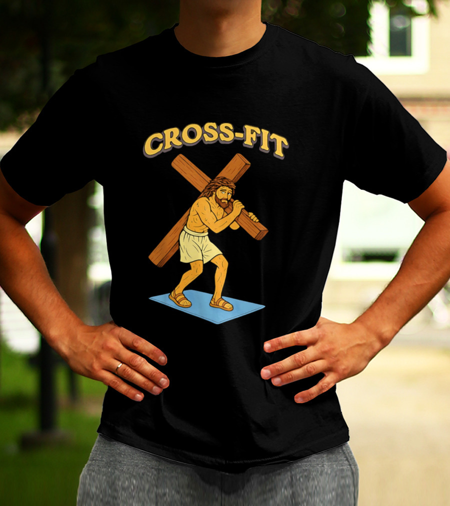 Cross Fit Jesus Cartoon Carrying Cross T-Shirt