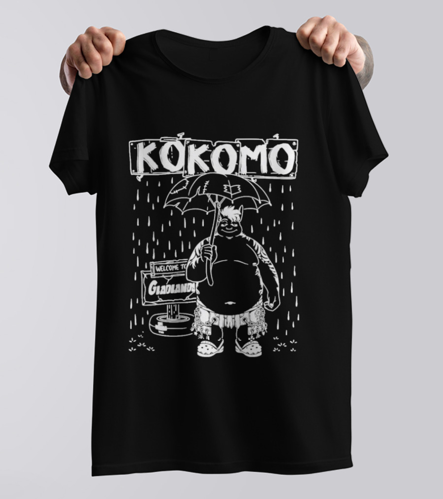 KoKomo Welcome To Gladlands Umbrella Character In Rain Scene T-Shirt