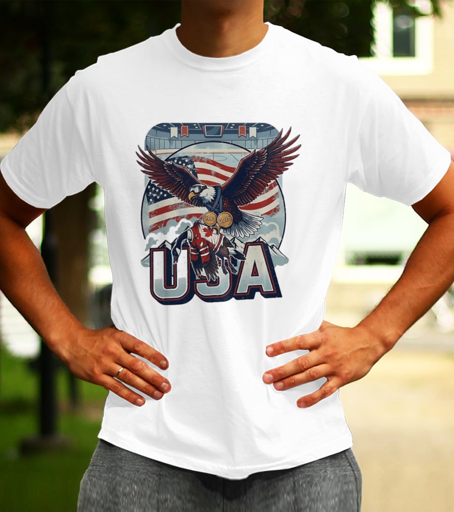 USA Hockey Eagle 1980 2026 American Flag Ice Rink T-Shirt