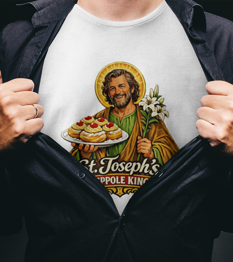 St Joseph's Zeppole King Saint Holding Tray With Flowers T-Shirt