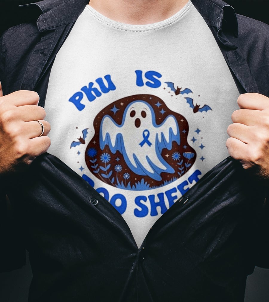PKU Is Boo Sheet Ghost With Awareness Ribbon And Bats T-Shirt