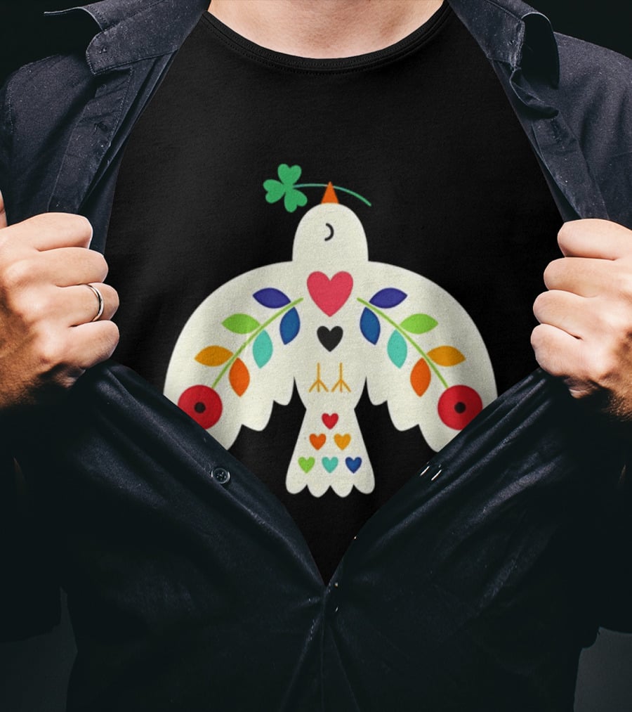 Luck Peace Love Dove With Shamrock And Colorful Hearts T-Shirt