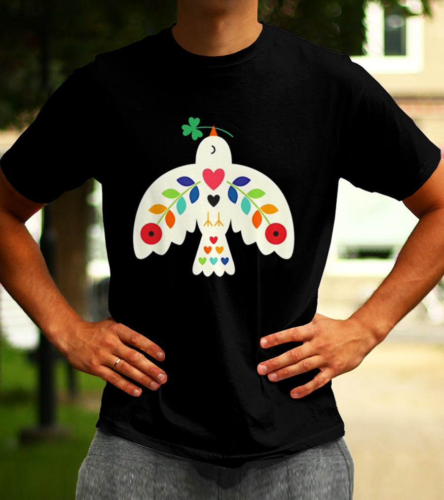 Luck Peace Love Dove With Shamrock And Colorful Hearts T-Shirt