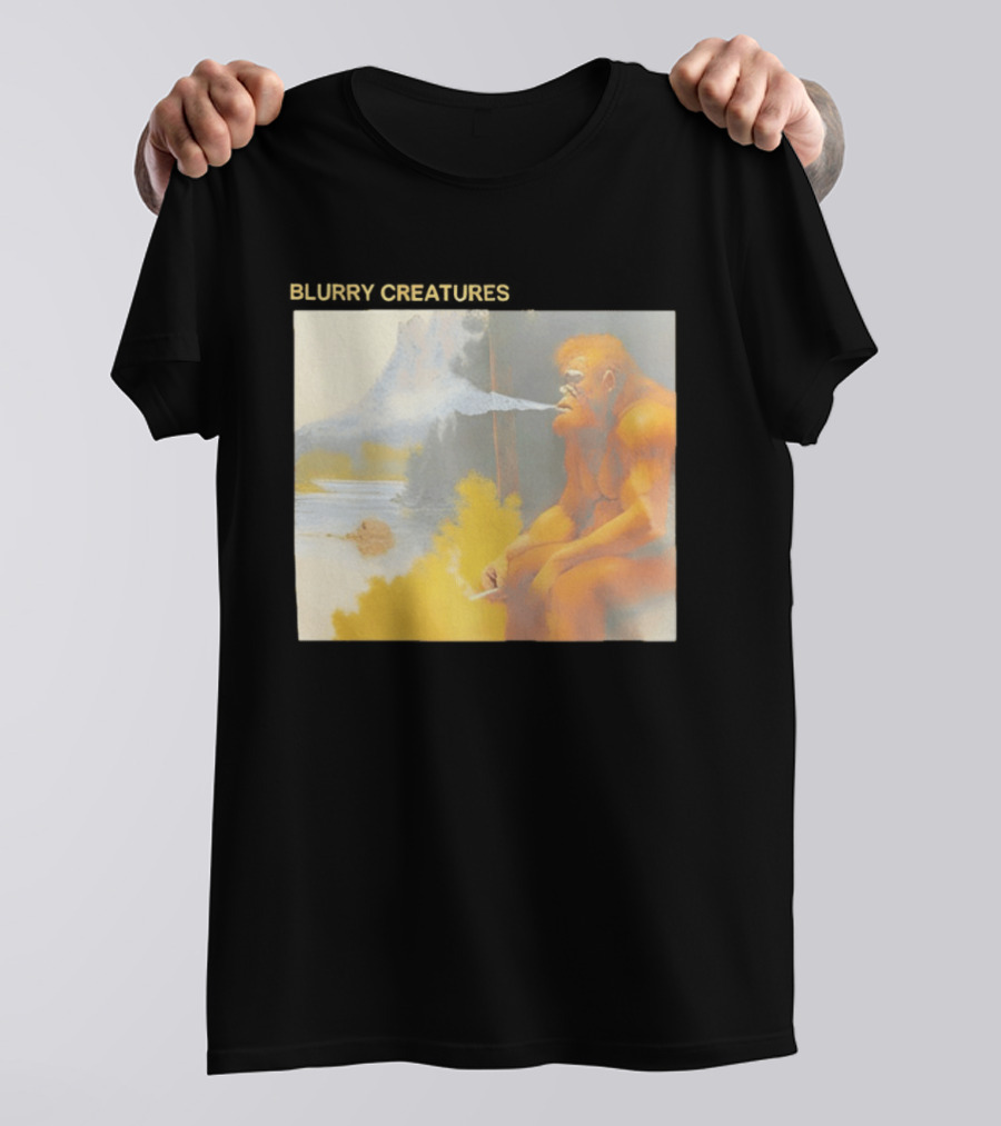 Bigfoot Blurry Creatures Smoking By Lake Mountain Scene T-Shirt