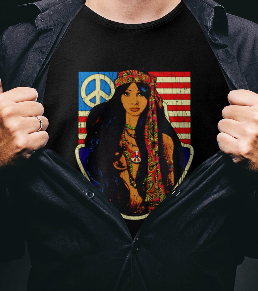Peace Is Natural 1969 Bohemian Hippie Woman American Flag T-Shirt