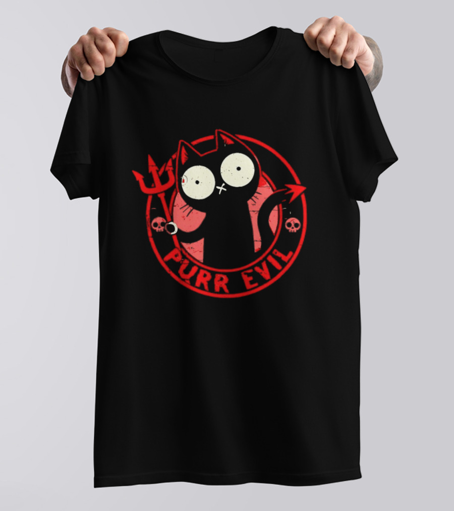 Purr Evil Cat With Trident And Skulls T-Shirt