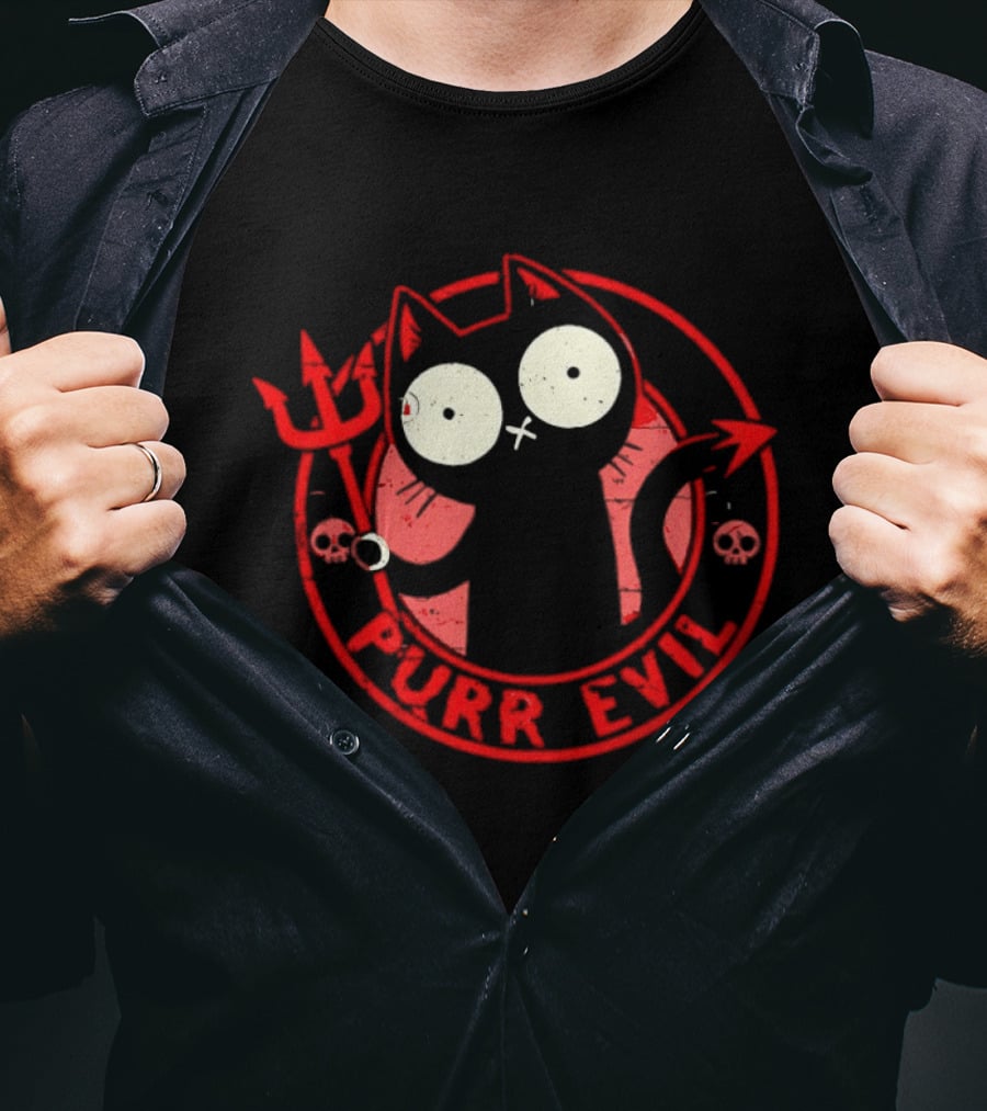 Purr Evil Cat With Trident And Skulls T-Shirt