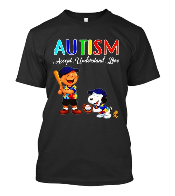 Charlie Brown Snoopy Peanuts Autism Accept Understand Love Baseball Puzzle T-Shirt