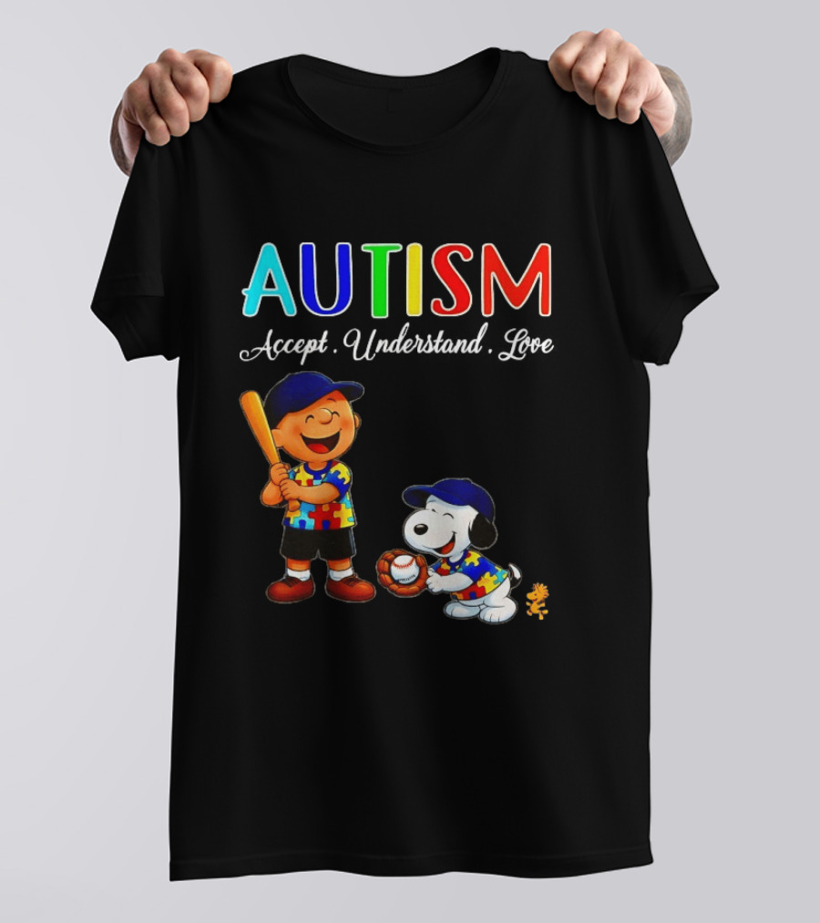 Charlie Brown Snoopy Peanuts Autism Accept Understand Love Baseball Puzzle T-Shirt