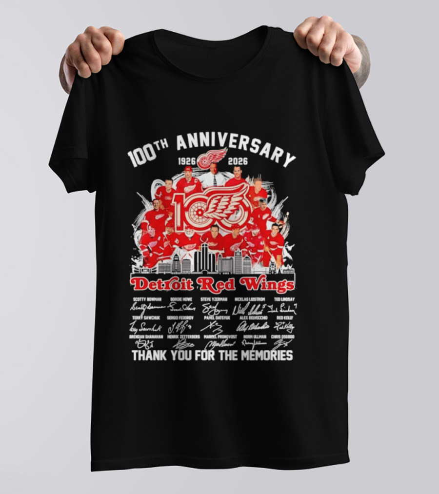 Detroit Red Wings 100th Anniversary 1926 2026 Thank You For The Memories Player Skyline T-Shirt