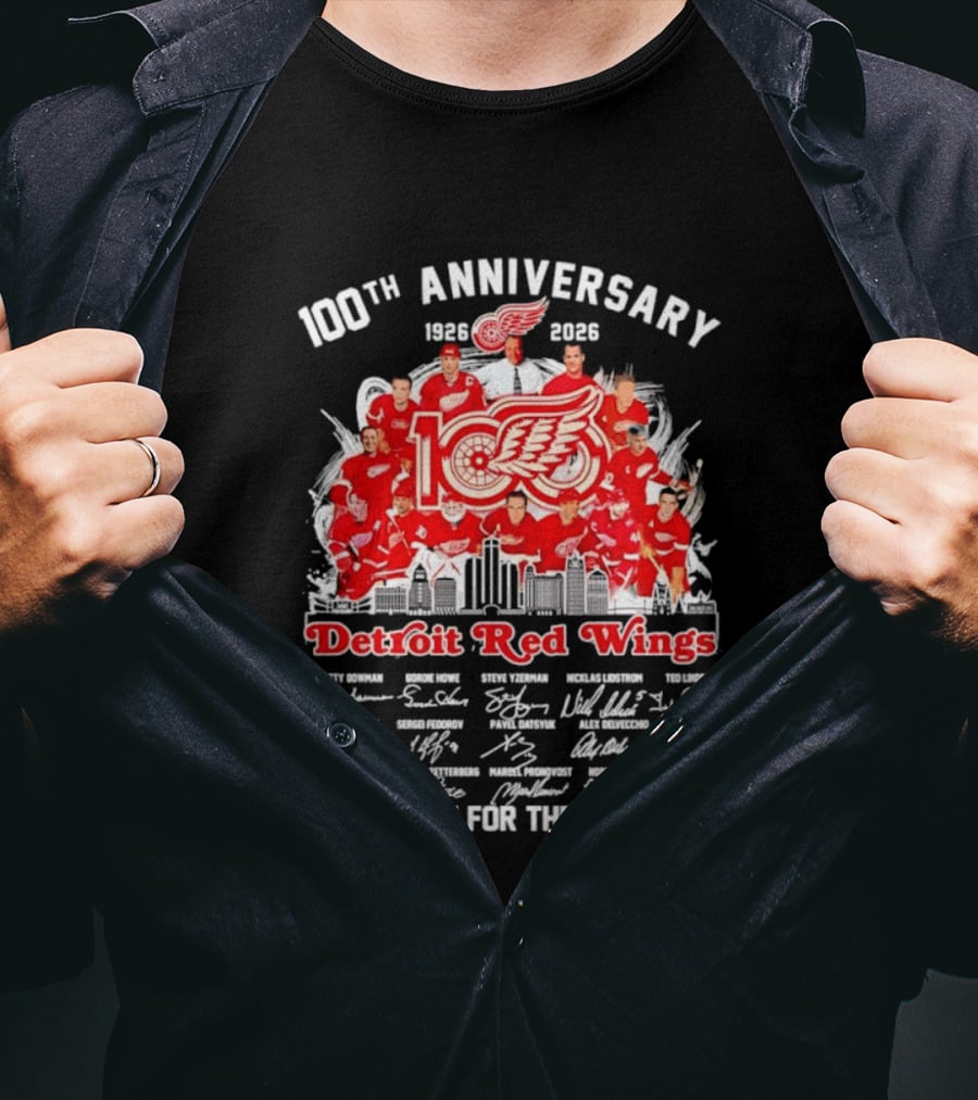 Detroit Red Wings 100th Anniversary 1926 2026 Thank You For The Memories Player Skyline T-Shirt
