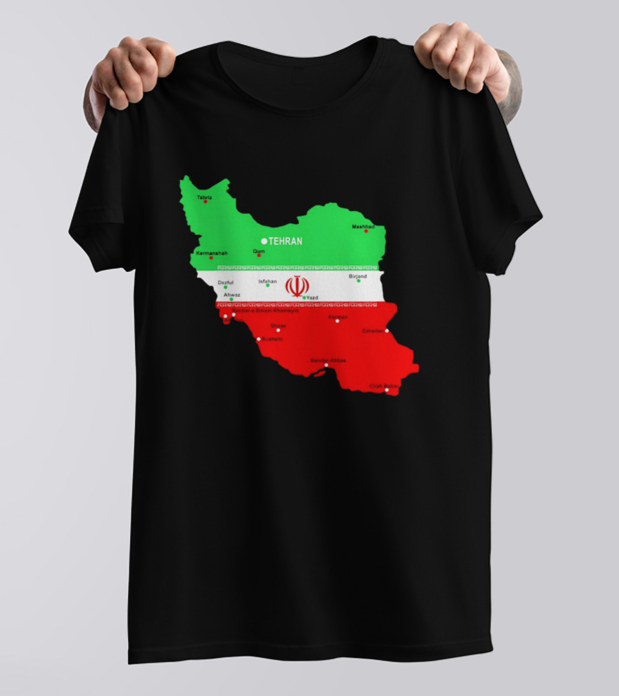 Iran Map With Flag Tehran Tabriz Mashhad Esfahan Shiraz Yazd Cities T-Shirt