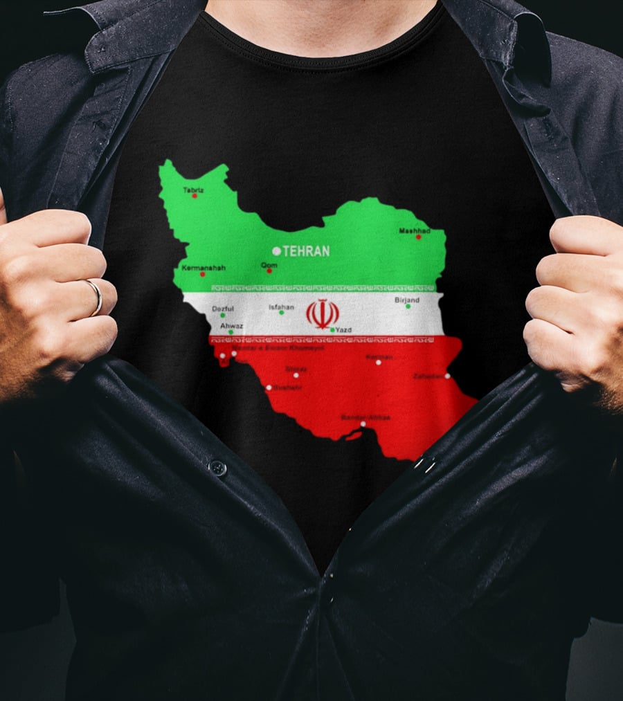 Iran Map With Flag Tehran Tabriz Mashhad Esfahan Shiraz Yazd Cities T-Shirt