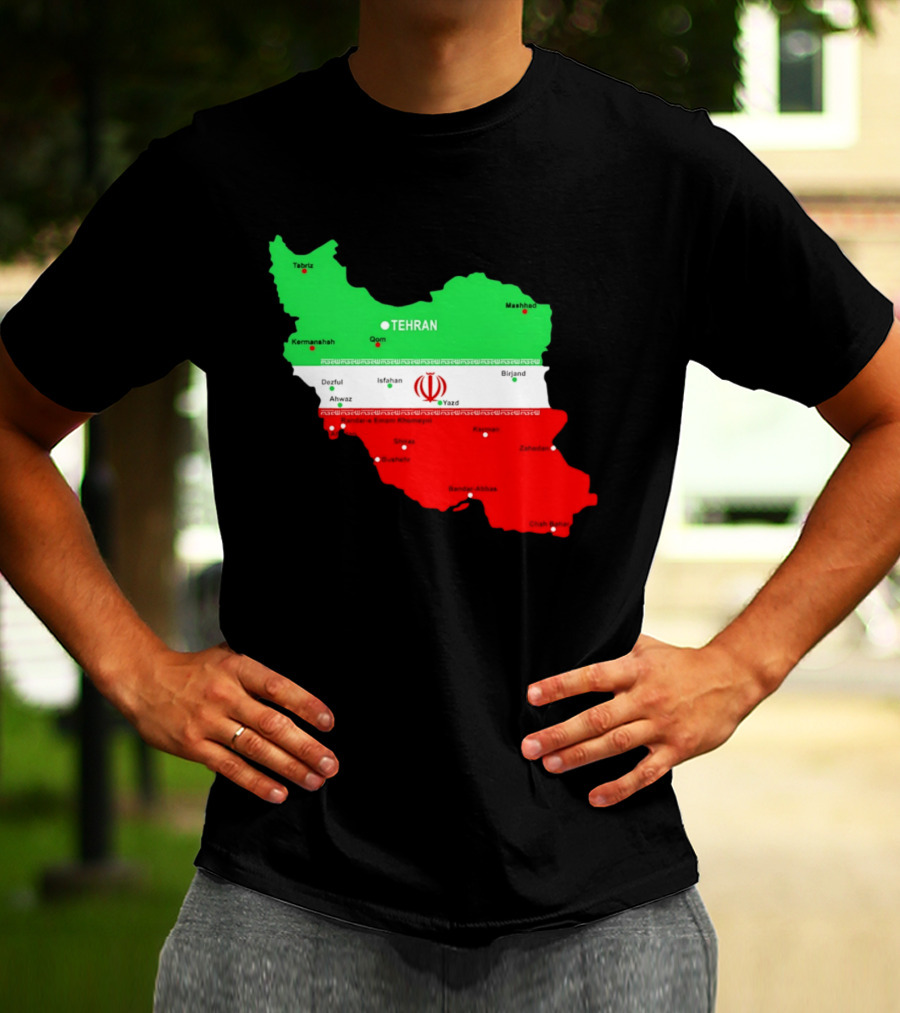 Iran Map With Flag Tehran Tabriz Mashhad Esfahan Shiraz Yazd Cities T-Shirt