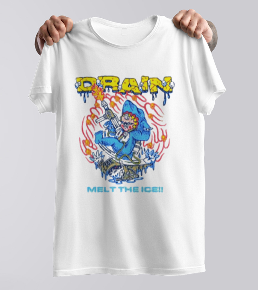 Drain Melt The Ice Hardcore Punk Shark Character With Flames And Machine Gun T-Shirt