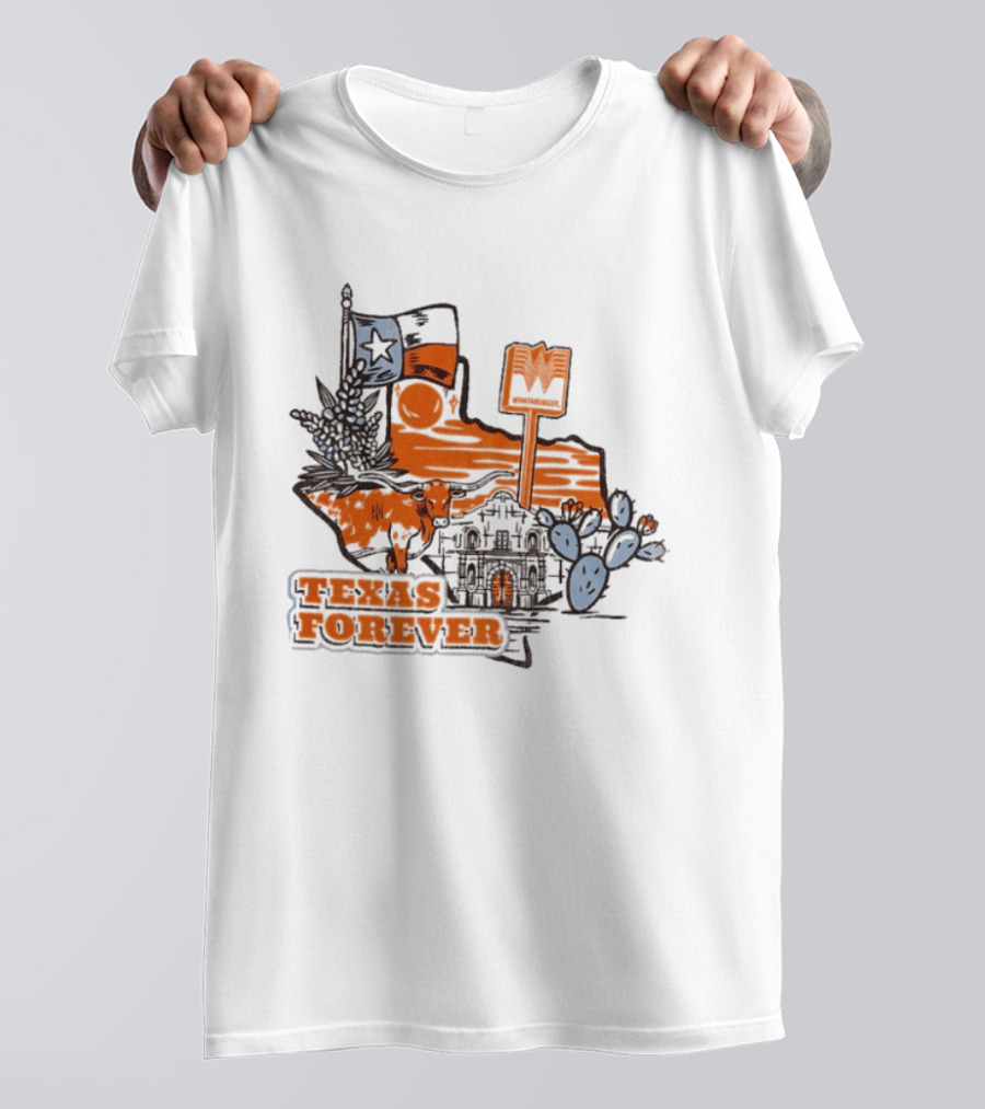 Texas Forever Alamo Whataburger Collaboration With Lone Star Flag And Cactus T-Shirt