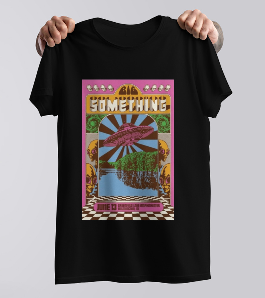 Big Something June 13 Greenfield Lake Amphitheater Wilmington NC Psychedelic With UFO Art And Alien Heads T-Shirt