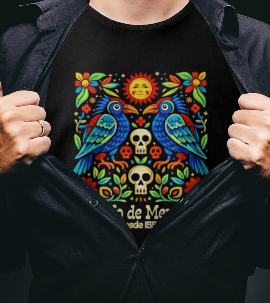 Golfo De Mexico Desde 1900 Colorful Birds And Skulls Floral T-Shirt