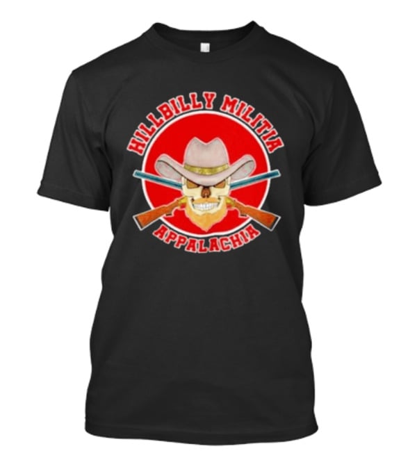 Hillbilly Militia Appalachia Skull Cowboy Hat Rifles Red Circle T-Shirt