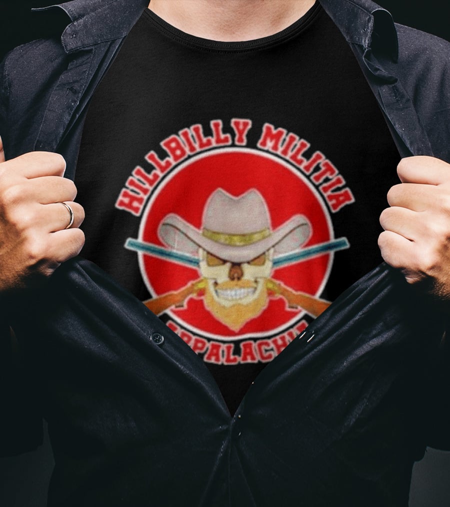 Hillbilly Militia Appalachia Skull Cowboy Hat Rifles Red Circle T-Shirt