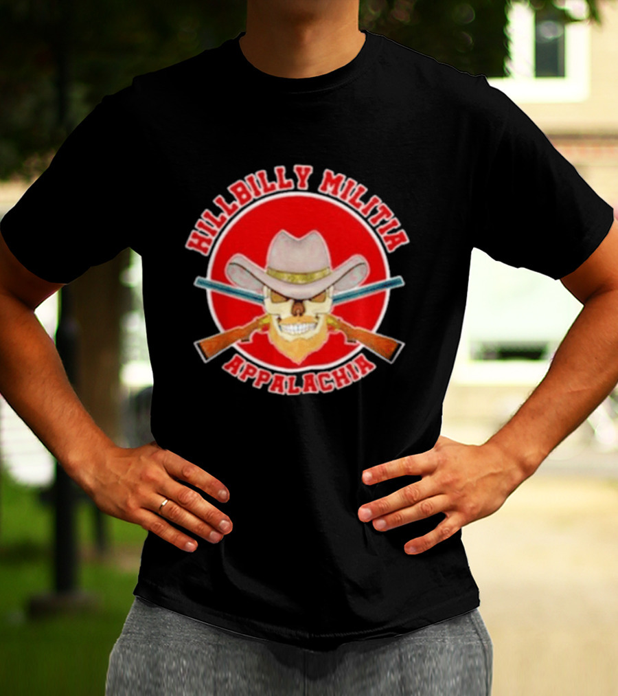 Hillbilly Militia Appalachia Skull Cowboy Hat Rifles Red Circle T-Shirt