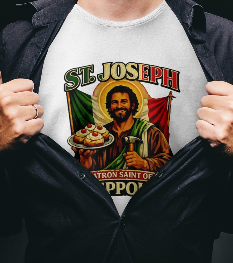 St. Joseph Patron Saint Of Zeppole With Italian Flag Icon And Halo Providing Hammer And Pastries T-Shirt