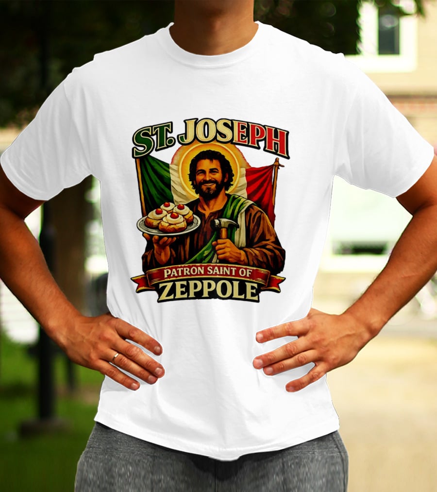 St. Joseph Patron Saint Of Zeppole With Italian Flag Icon And Halo Providing Hammer And Pastries T-Shirt
