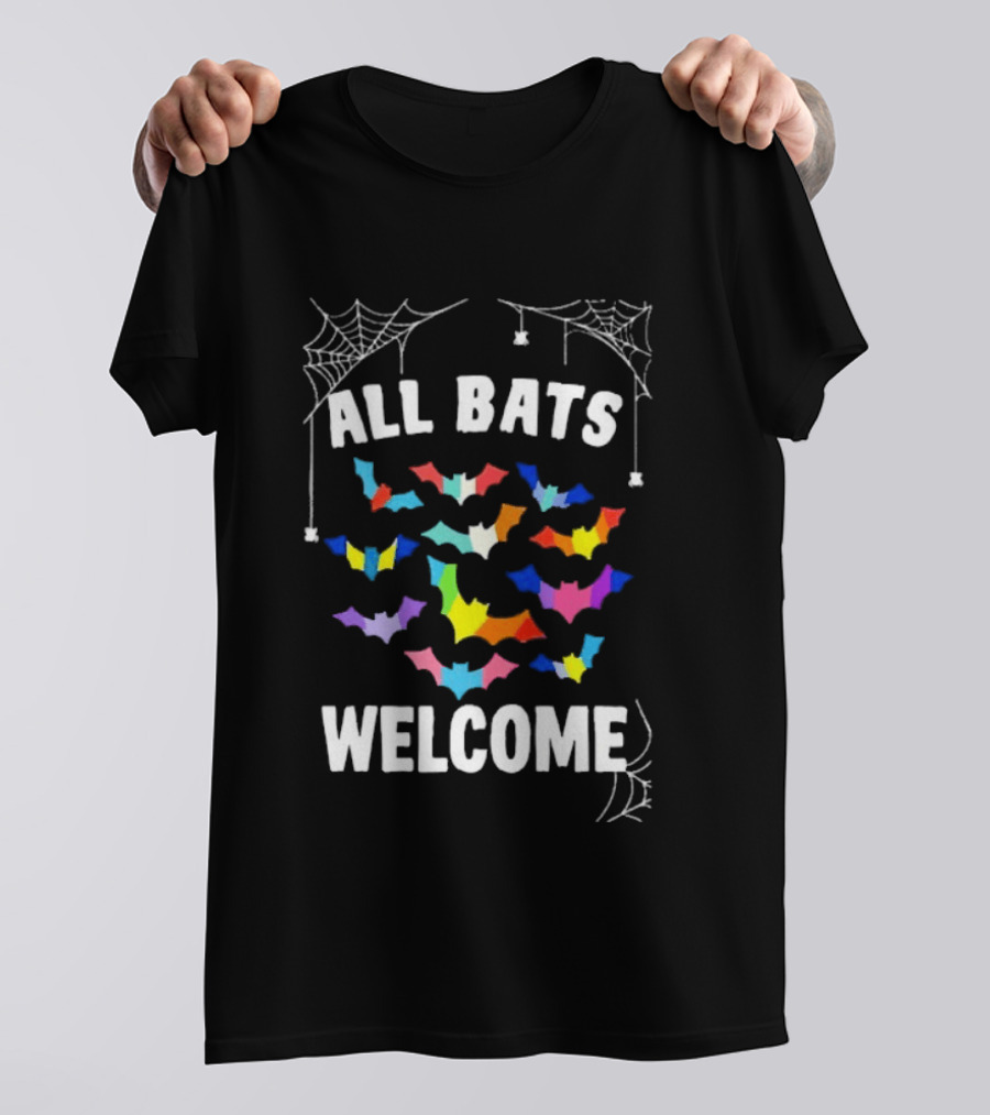 All Bats Welcome Colorful Bats And Spiderwebs T-Shirt