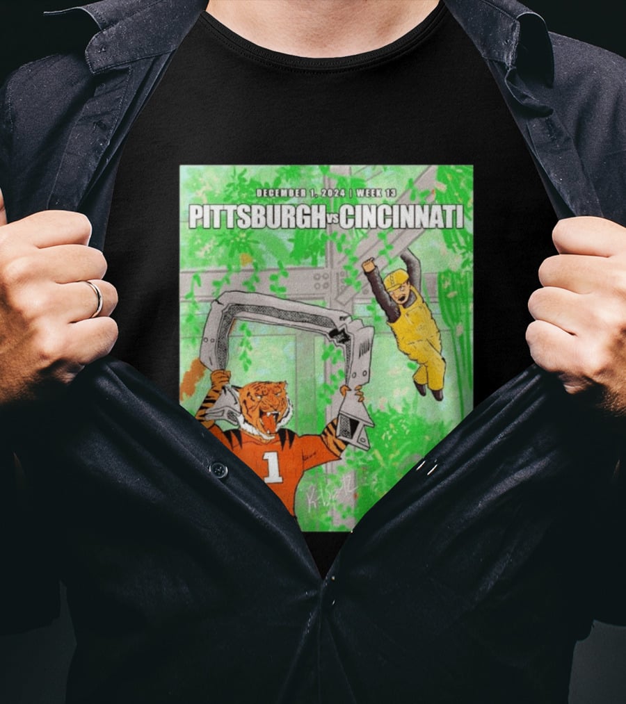 Pittsburgh Steelers Vs Cincinnati Bengals December 1 2024 Week 13 Cartoon Tiger And Construction Worker Jungle Showdown T-Shirt