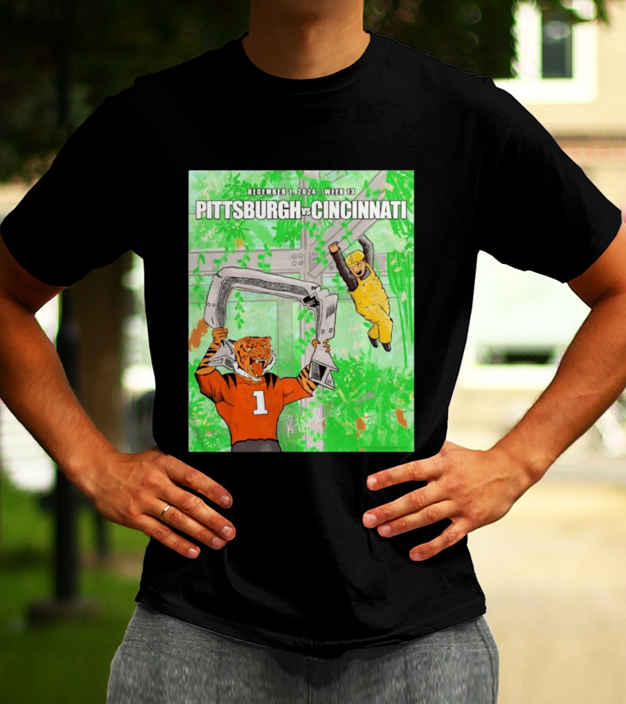 Pittsburgh Steelers Vs Cincinnati Bengals December 1 2024 Week 13 Cartoon Tiger And Construction Worker Jungle Showdown T-Shirt
