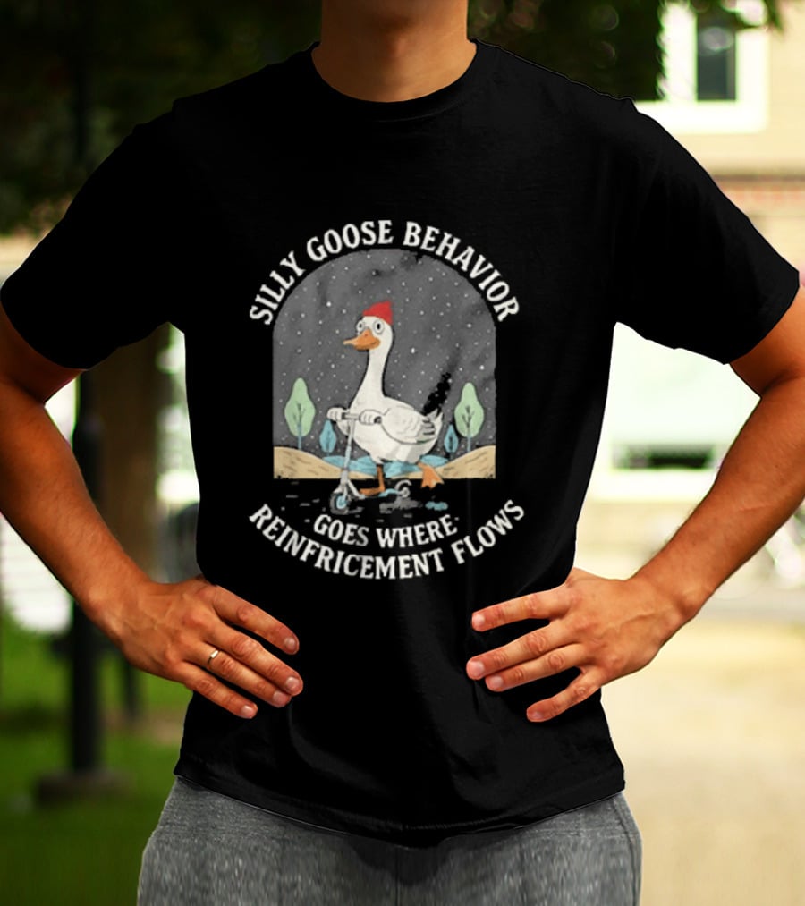 Silly Goose Behavior Goes Where Reinforcement Flows Goose Cartoon In Red Beanie Under Night Sky T-Shirt