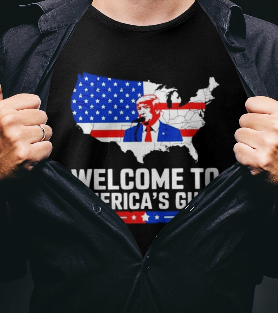 Welcome To America's Gulf Patriotic Map Featuring Trump And Stars And Stripes T-Shirt