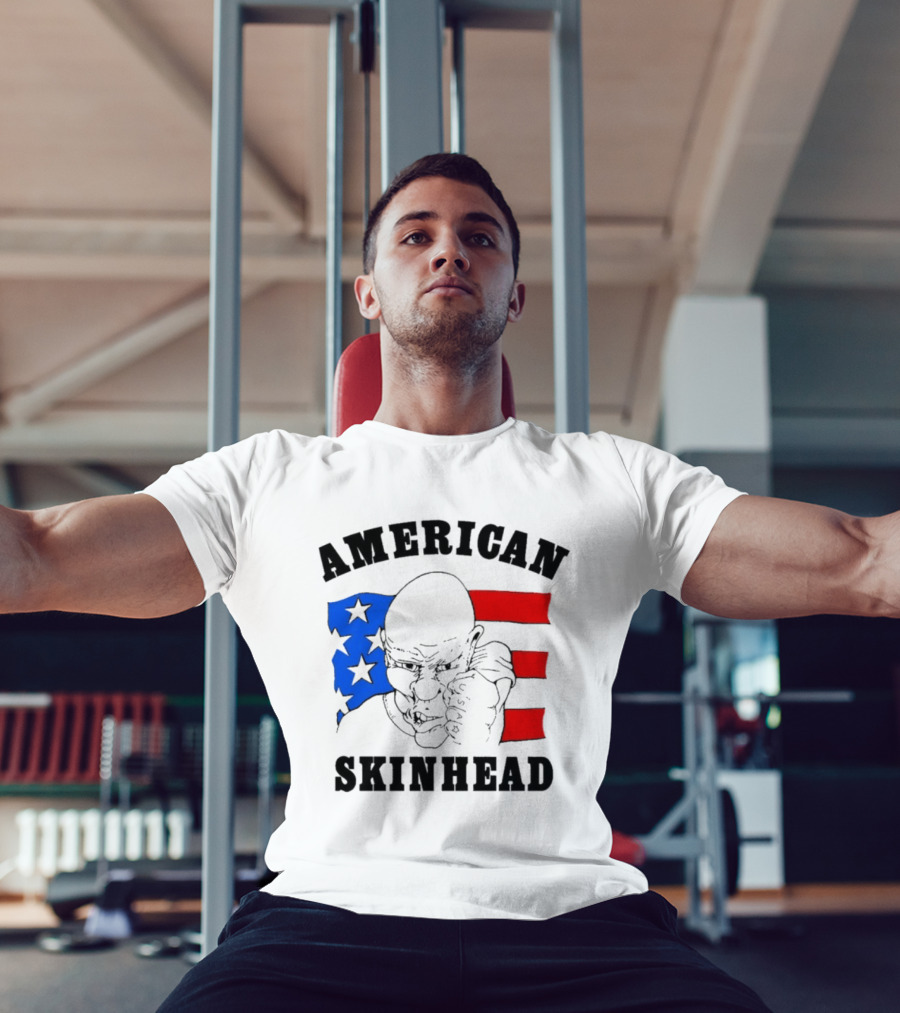 American Skinhead USA Bald Character With Flag Stars And Stripes T-Shirt
