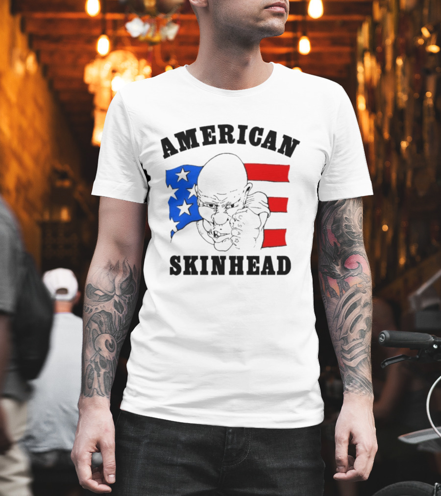 American Skinhead USA Bald Character With Flag Stars And Stripes T-Shirt