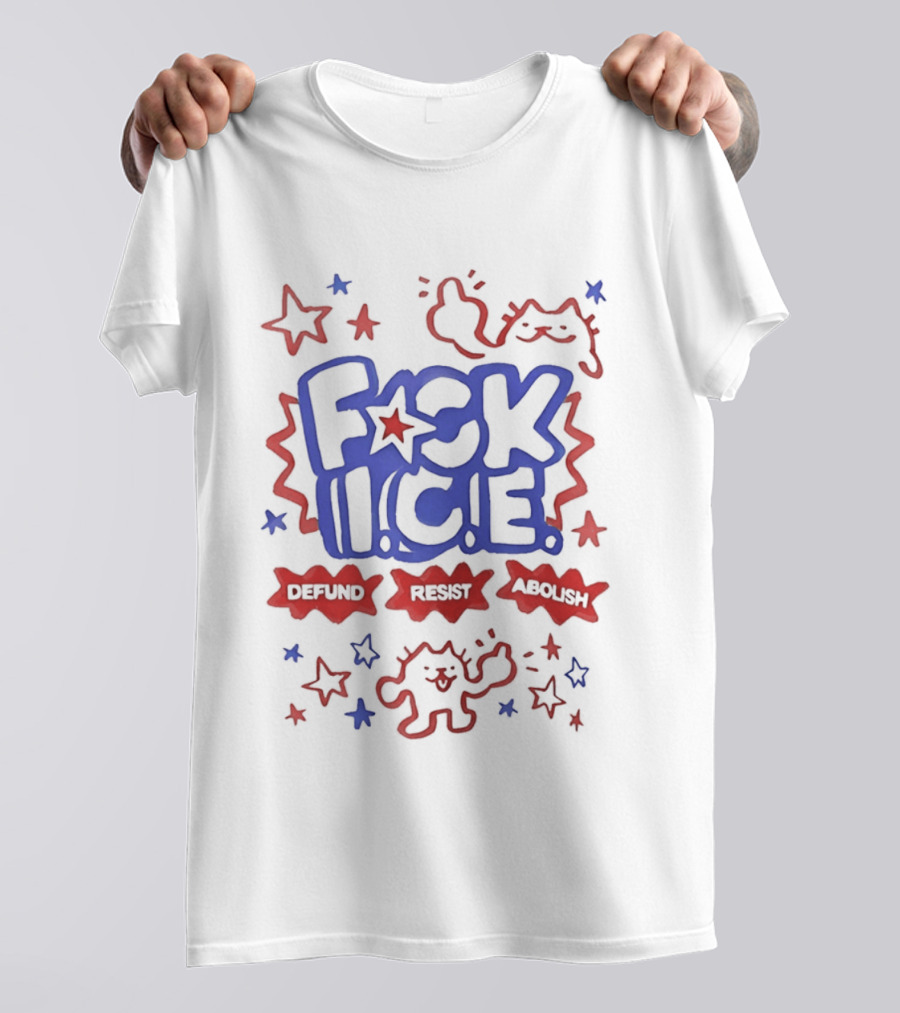 F*ck I.C.E. Defund Deport Abolish Cat Stars 1776 2026 American Flag T-Shirt